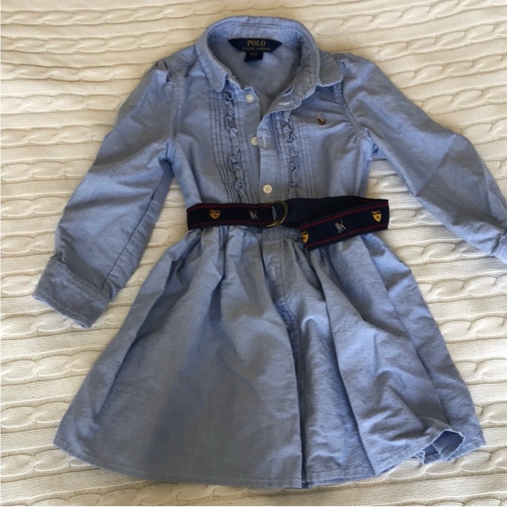 Polo by Ralph Lauren Light Blue Girls' Shirt Dress with Navy Belt Sz 4T